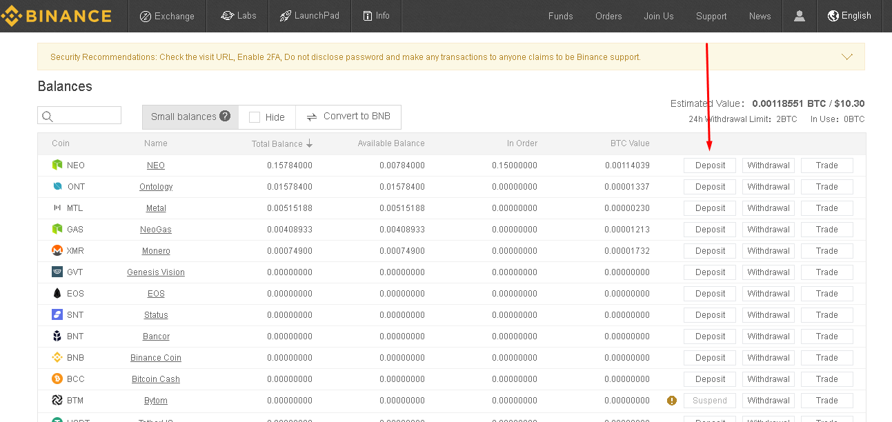 Dipòsit de la plataforma de negociació de criptomonedes Binance