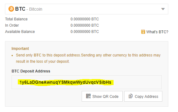 Revisió de Binance: una imatge de l'adreça del dipòsit BTC.