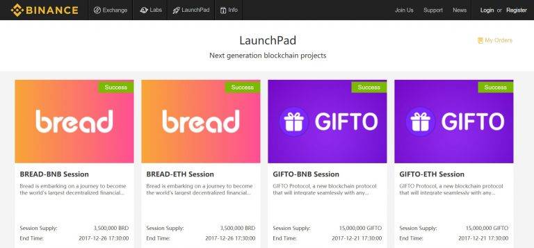 Projectes de blockchain de Binance LaunchPad