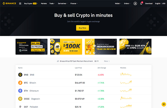 Revisió de la cartera de Binance: pàgina d'inici de Binance (iniciada la sessió).