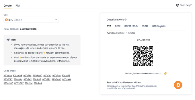 Revisió de la cartera Binance: procés de dipòsit criptogràfic.