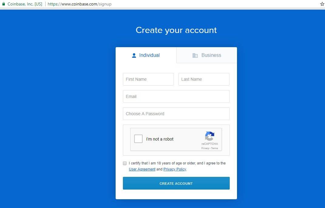 Coinbase crea un formulari de compte