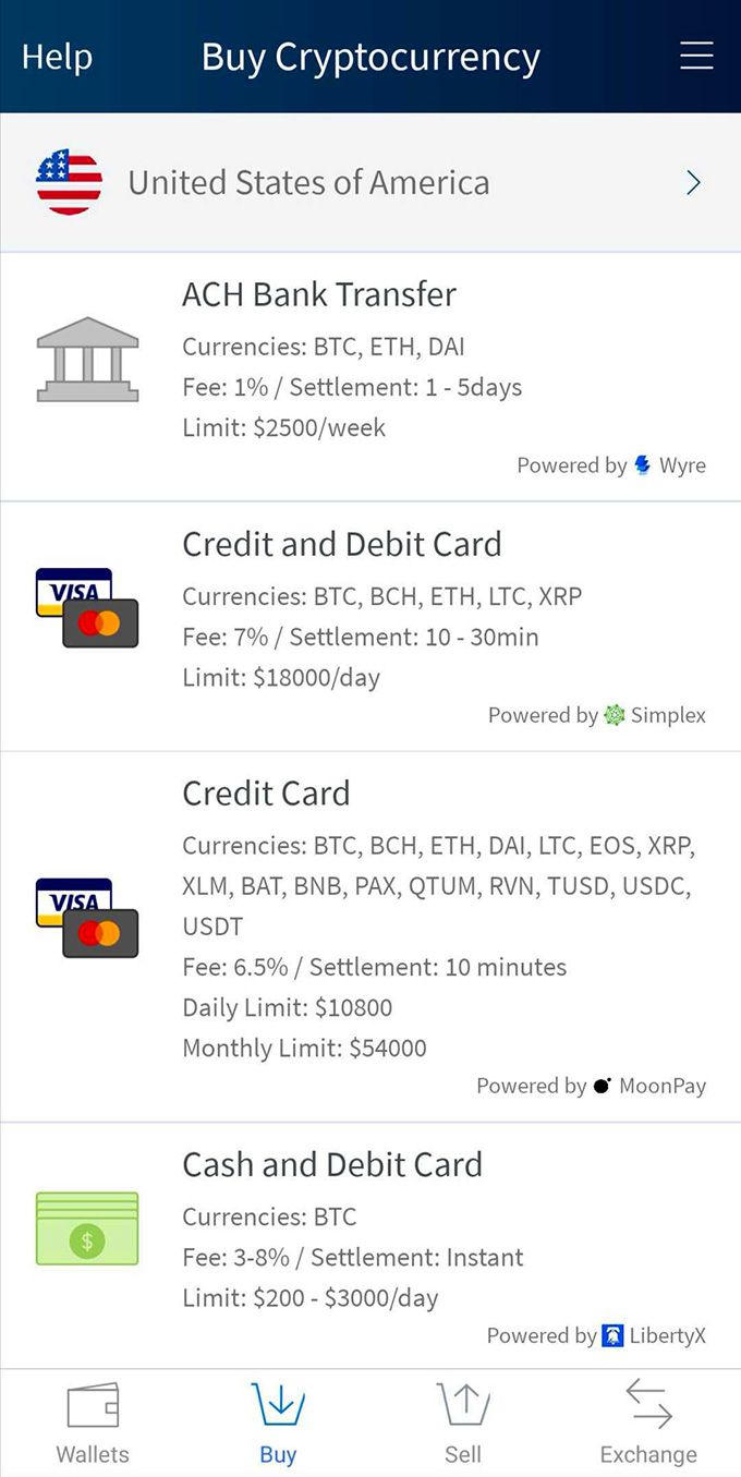 Revisió de la cartera Edge: opcions de compra de criptomonedes.