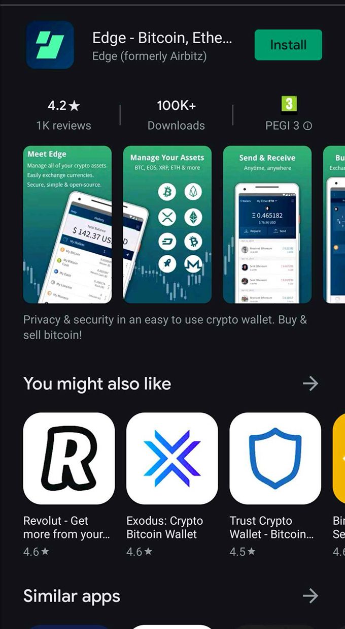 Revisió de la cartera Edge: l’aplicació Edge wallet a Play Store.