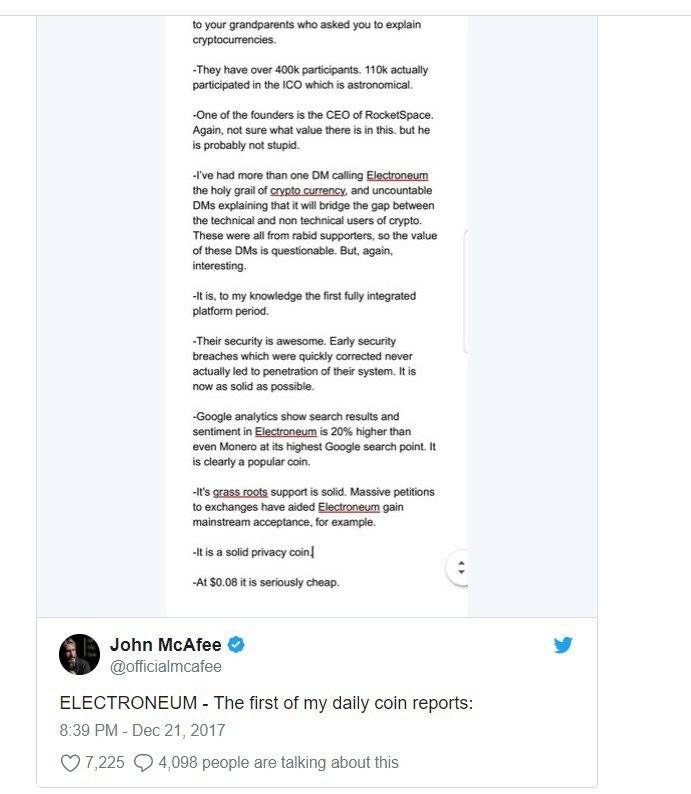 Publicació de John McAfee a Twitter sobre Electroneum