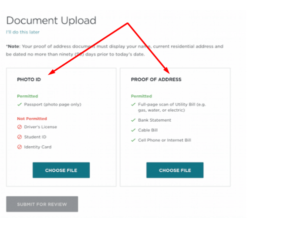 Càrrega de documents a Gemini Exchange