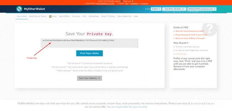 MyEtherWallet Review: desant la vostra clau privada.