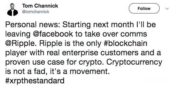 Publicació de Twitter de Tom Channick a Ripple